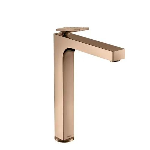 Einhebel-Waschtischmischer in Polished Red Gold mit Hebelgriff, geeignet für Aufsatzwaschtische, von AXOR, mit rautenförmiger Oberfläche.